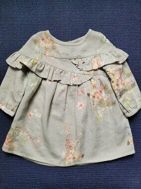 next Girls' Floral Ruffle Long-Sleeve Dress In Sage Green 3-6 Months